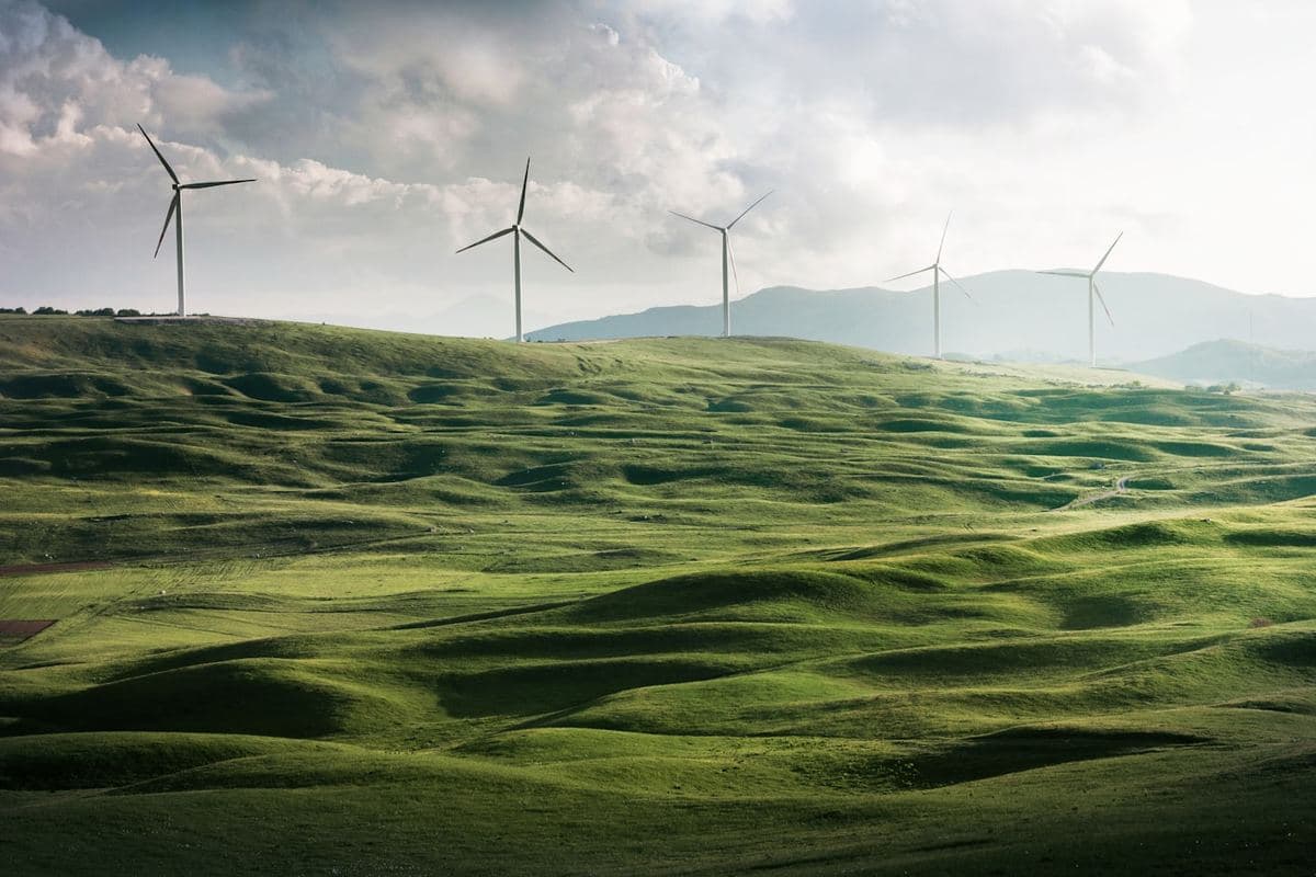 Pale eoliche su colline verdi